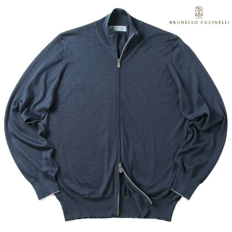 〖代購〗BRUNELLO CUCINELLI / ブルネロクチネリカシミヤシルクハイゲージジップアップカーディガン（ブルー）/ 春夏 サマーニット セーター ジップアップニット カーディガン カシミア ハイゲージ メンズ イタリア アウトレット
